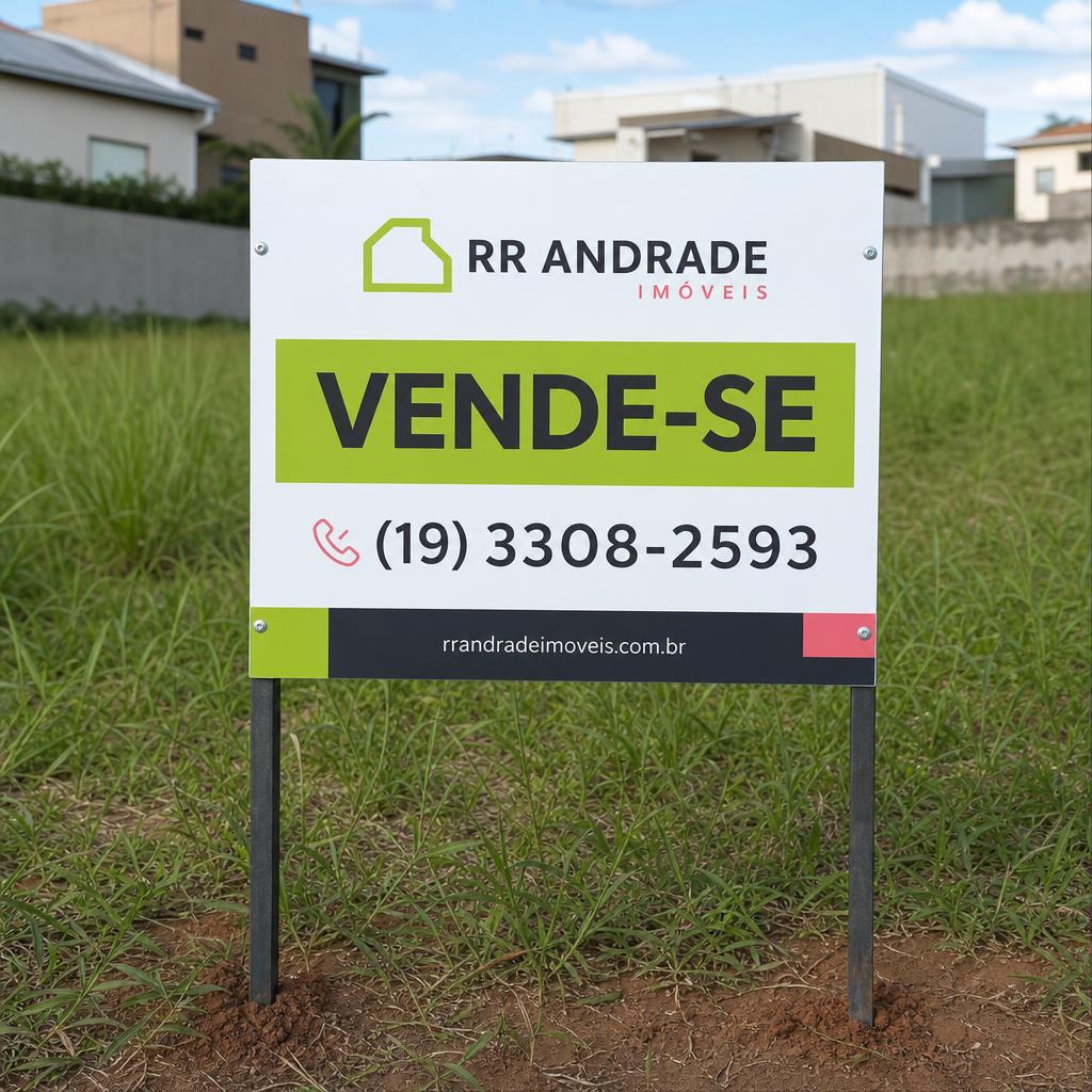 Placa em PVC com estaca fixada em terreno vazio para venda de lote